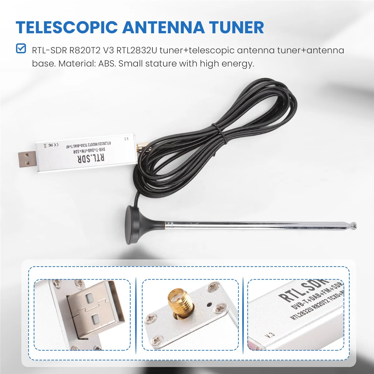 Sintonizador RTL-SDR R820T2 V3 RTL2832U + Sintonizador de antena telescópica + Base de antena