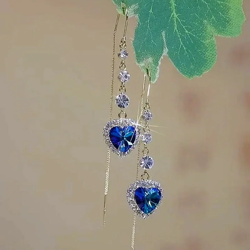 Blue crystal love earrings women\'s light luxury high-end long face thin earrings temperament versatile earrings