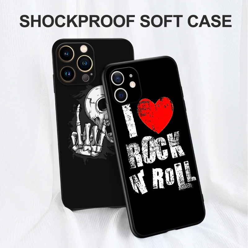 Black tpu case for iphone14 13 12 11mini pro MAX 5 5s se 2020 6 6s 7 8 plus x 10 XR XS cover Rock Roll Skull