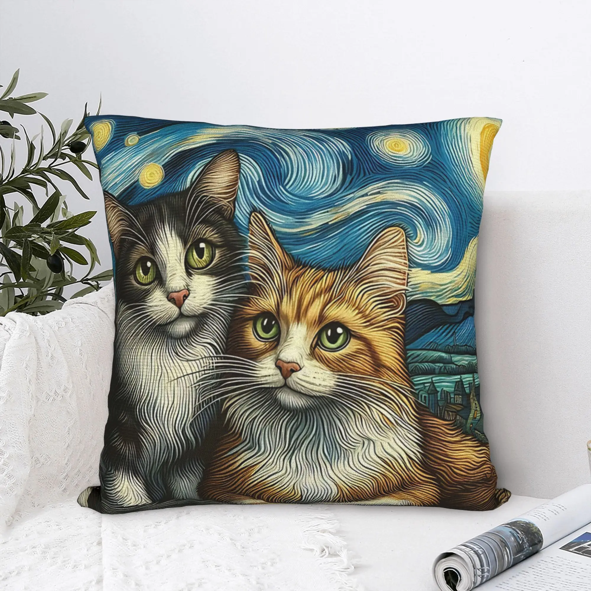 Van Gogh Couple Cat Square Pillow Case  Cushion Cover Fashion Polyester Decorative Throw Pillow Case Cover for Home 40*40cm