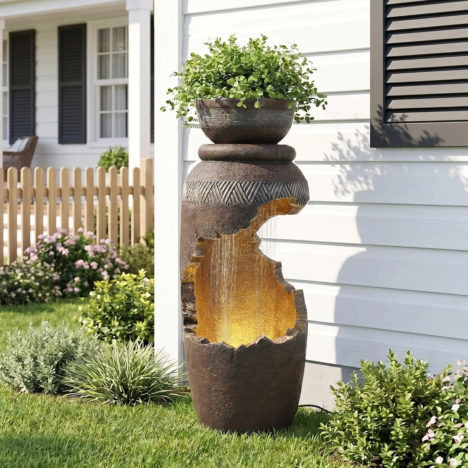 Outdoor Garden Water Fountain Cascading Cracked Jar Waterfall Feature LED Lights Freestanding Splash Proof Net Planter Indoor Pa