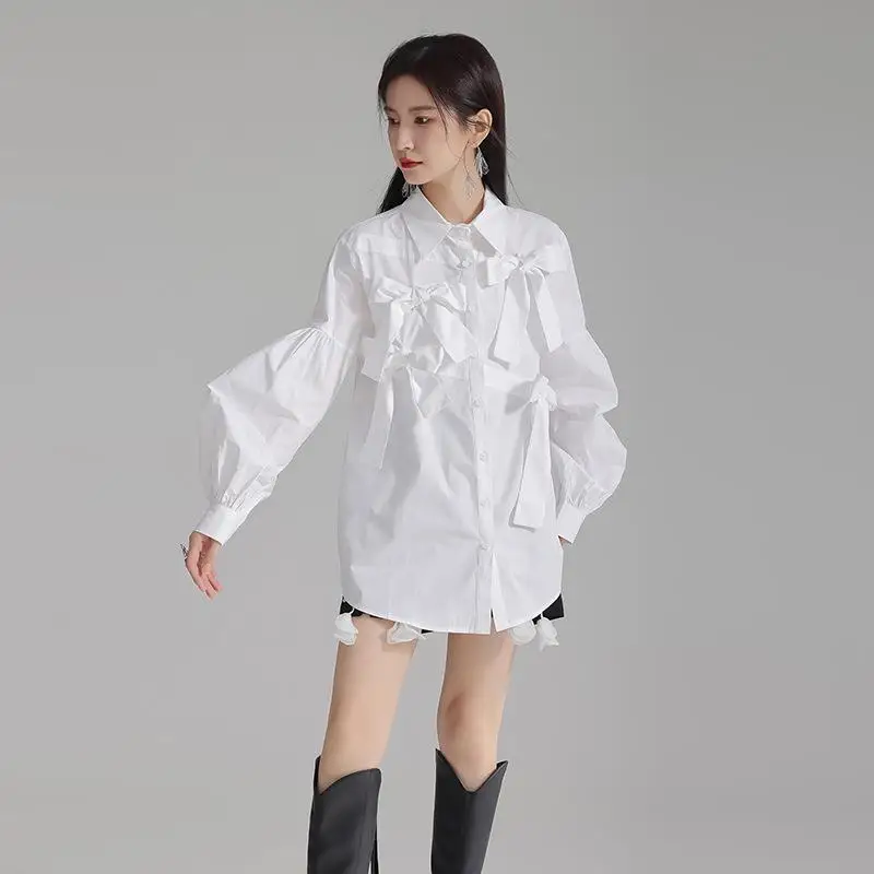 

Women's White Shirt Long Sleeve Lantern Sleeve Fashionable European Style Pure Color Non-Shrinking Top Quality Material