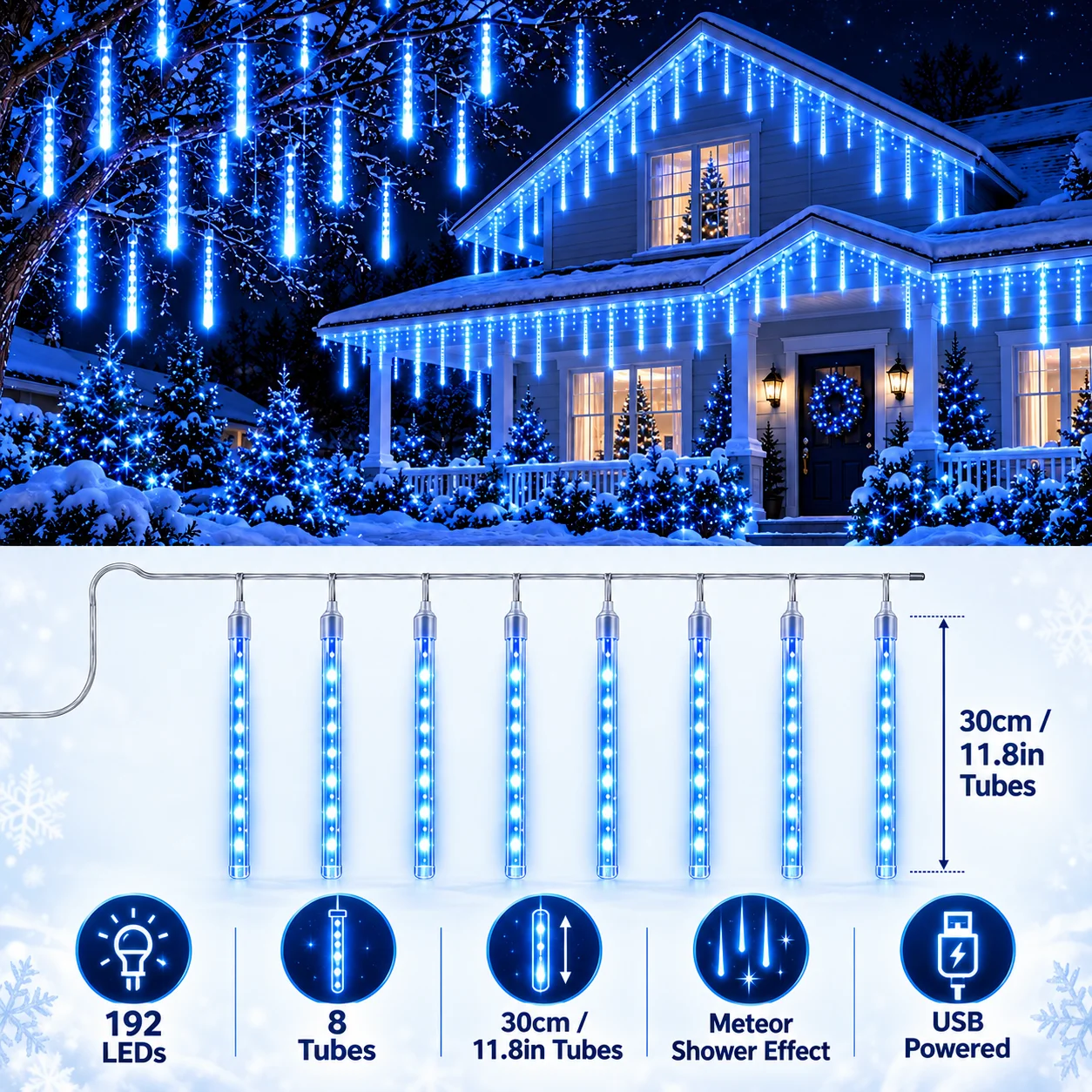 Christmas Lights USB Ice Blue Meteor Shower Falling Rain Icicle LED Tube String Lights for Roof Eaves Window Winter Decor