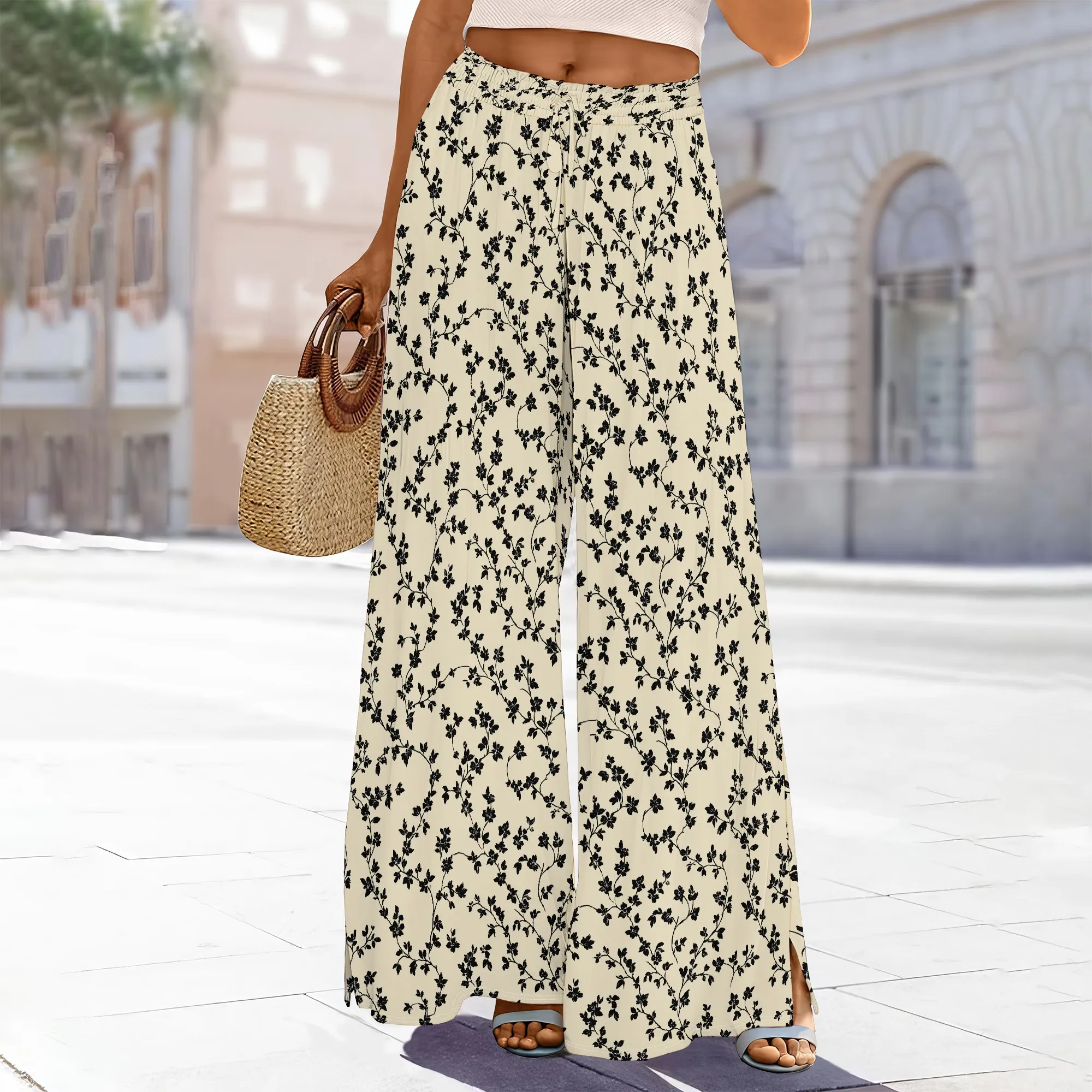 

Women's High-Waisted Blue Floral Print Wide-Leg Pants Elastic Waist Pockets Slit Polyester Summer Cool