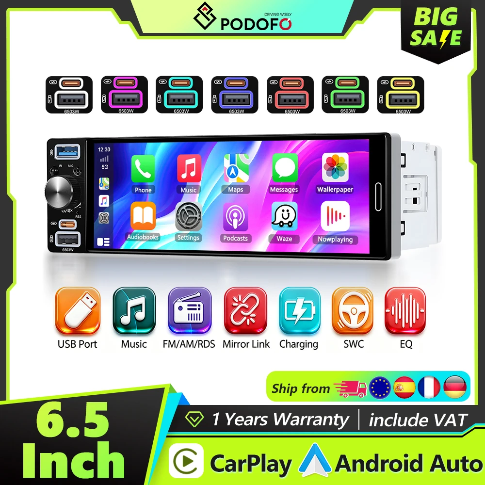 Podofo 6.5'' ekran Incell 1DIN odtwarzacz multimedialny do samochodu z funkcją Carplay, Android Auto, inteligentny system samochodowy, Mirror Link, FM, AM, RDS, BT, USB