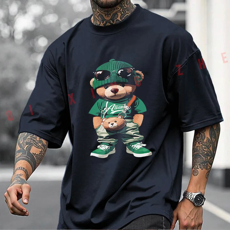 A Cute Little Bear Wearing Overalls Motorcycle Printed T-Shirt Men's Fashion Short Sleeve Exquisite Design Essential Top Tees