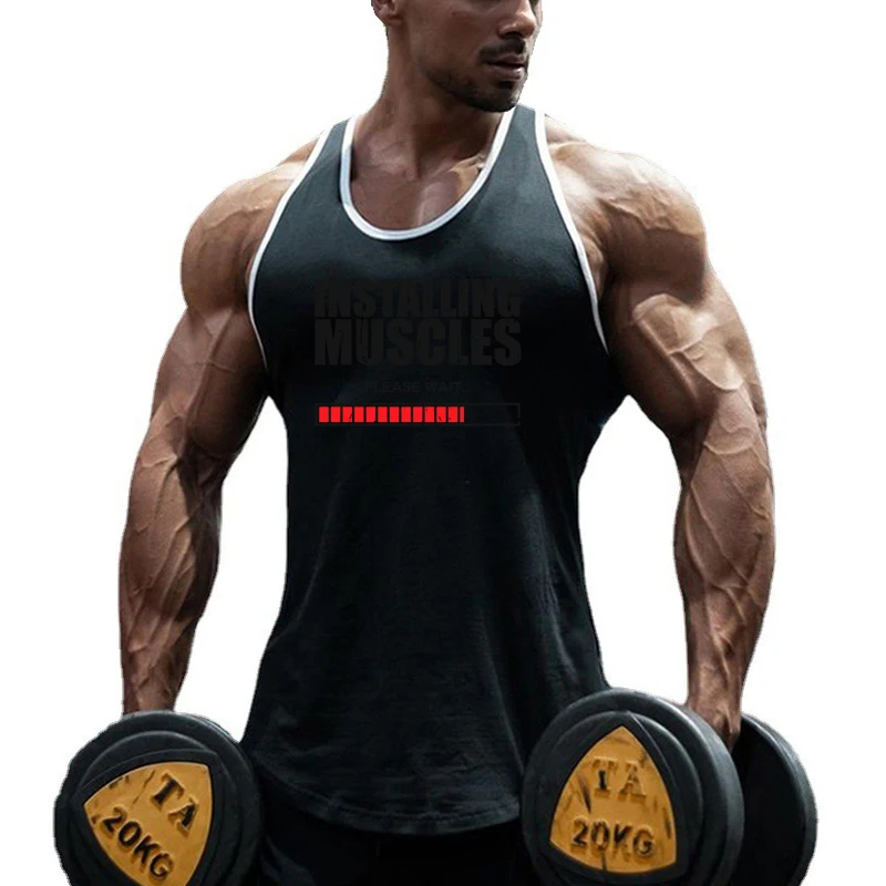 Installing Muscles Please Wait Print Vests Men\'s Cotton Breathable Bodybuilding Tank Tops Gym Sleeveless Fitness Summer T-Shirt