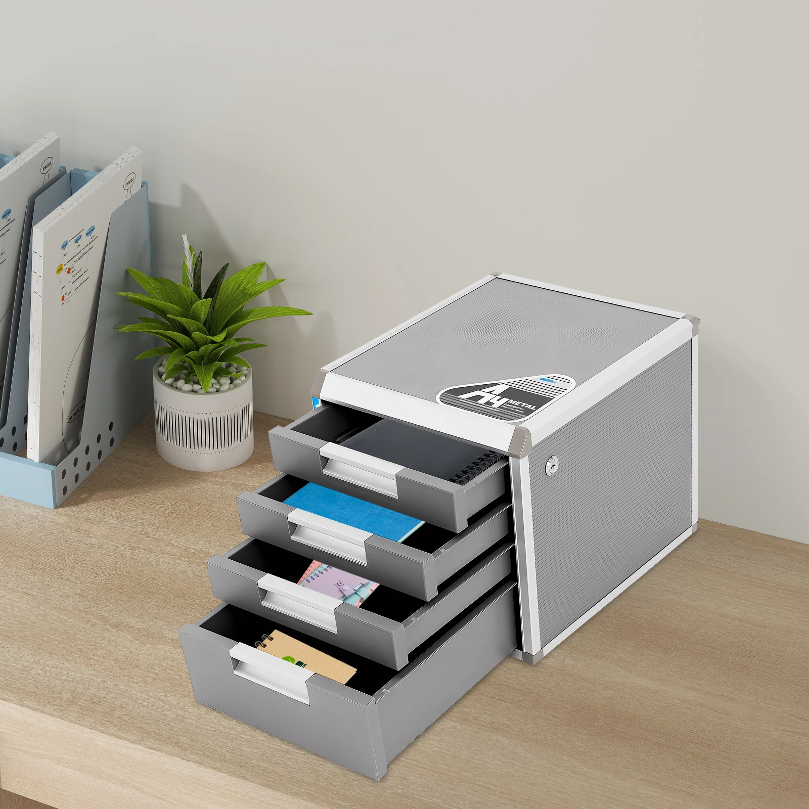 

4 Tiers Rectangular Drawer Cabinet with Lock, Desk Document Organizer, Space-Saving, Home Office Desktop File Storage Box