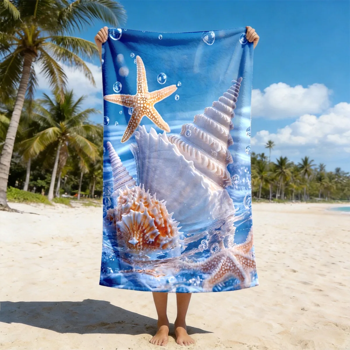 Seashell Starfish Print Beach Towel Polyester Soft Quick Dry Large Bath Towel Summer Swimming Pool Surfing Blanket