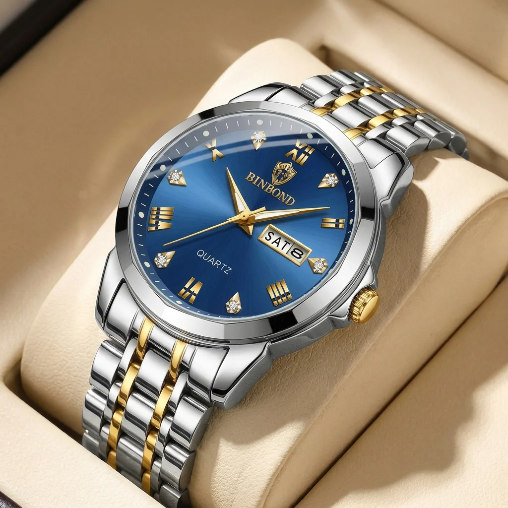 

1pcs Men's Fashion Wristwatch Blue Dial Roman Numerals Double Calendar Stainless Steel Band Casual Business Daily Wear W