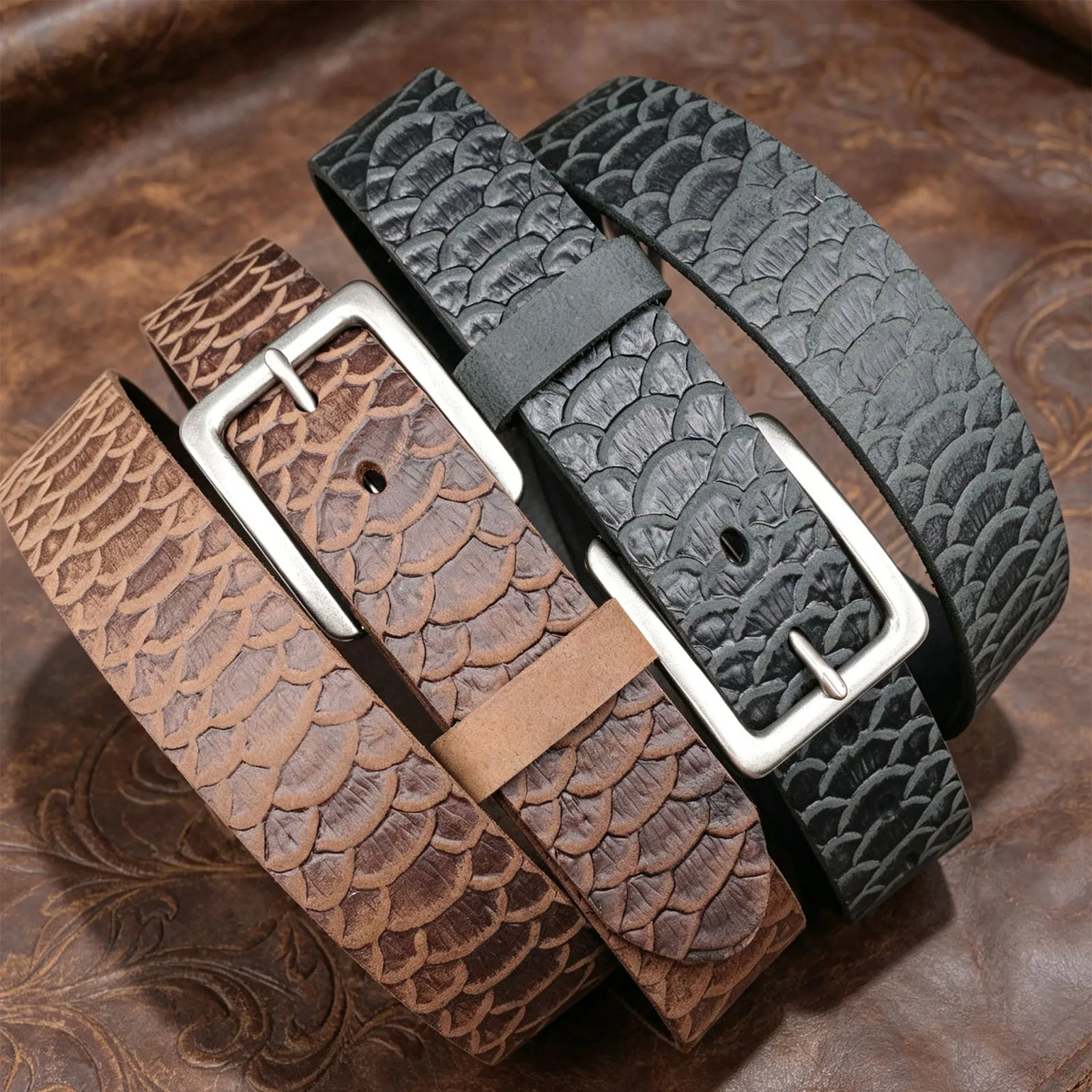 Distressed Full Grain Leather Belt, 3D Scale Pattern Embossed Genuine Cowhide Belt for Men, Classic Casual Jeans Accessory