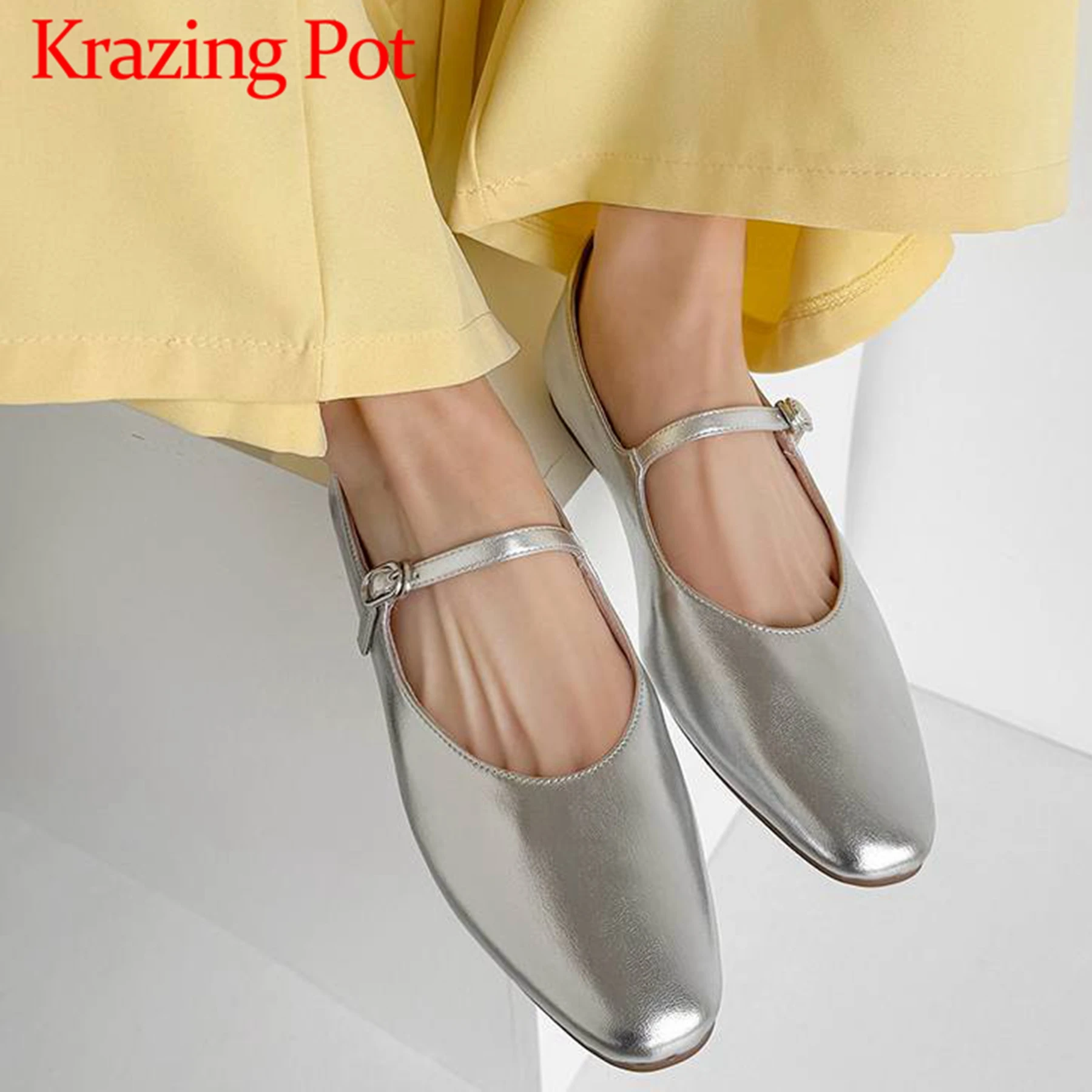 

Krazing Pot Full Grain Leather Round Toe Women Spring Modern Simple Mature Buckle Straps Summer Fashion Mary Janes Ballet Flats