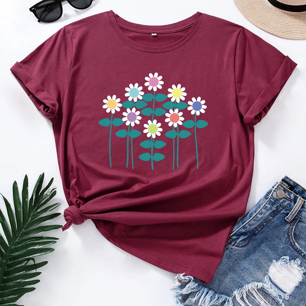 JFUNCY S-5XL Women Summer T-shirt Creative Flowers Print Tees Short Sleeve Woman Tshirt 100% Cotton Female Tops