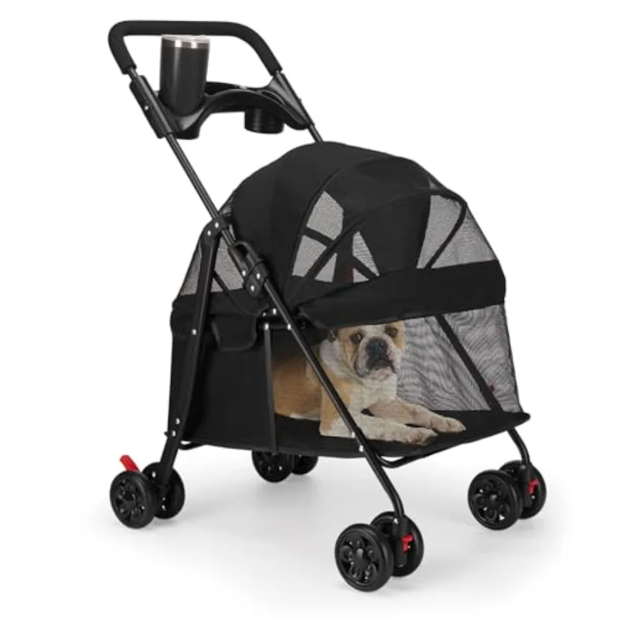 

Foldable Pet Stroller for Small/Medium Dogs Cats up to 22 lbs - Lightweight 4-Wheel Design with Sun Canopy, Storage Basket Brea
