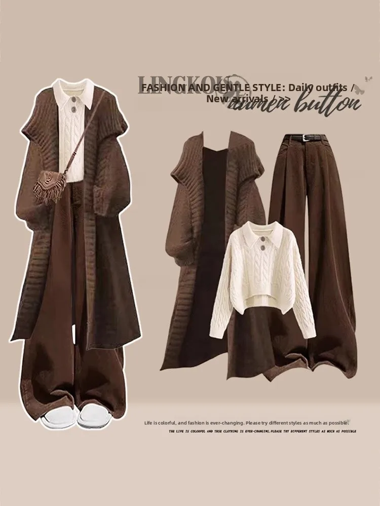 

Large Size Autumn Winter Light Maturity Style Women's Mermaid Knitted Sweater Coat High Waist Slimming Casual Pants Three Pie...