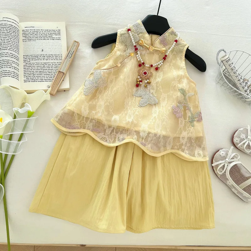 

Children's Summer Outfit for Girls New Chinese Style Heavy Embroidery VestVElegant Chinese Style Vest Two-Piece Set