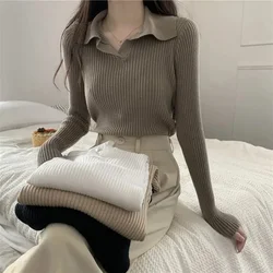 Elegant Vintage Knit Sweater Women's Long Sleeve Top Lapel Collar Stylish Polo Collar Base Layer Top For Spring Autumn