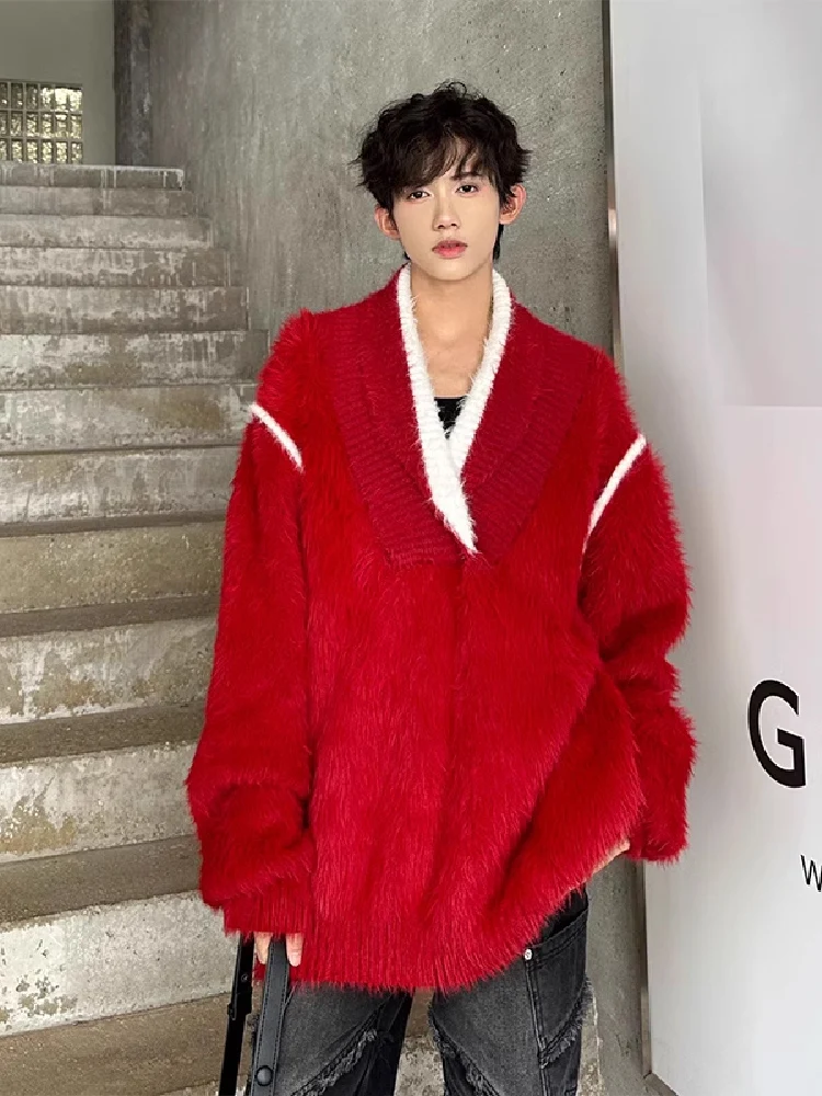 

Красный свитер с V-образным вырезом, весенне-осенний, в американском ретро-стиле, оверсайз, повседневный, вязаный, с длинными рукавами, для мальчиков