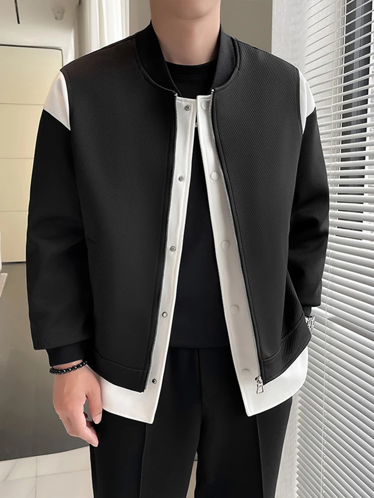 

Casual Sli Fake Two-Piece Baseball Sle Jaet for Men Spring Autumn Bla Splicing Design Mature Faion Zipper Closure...