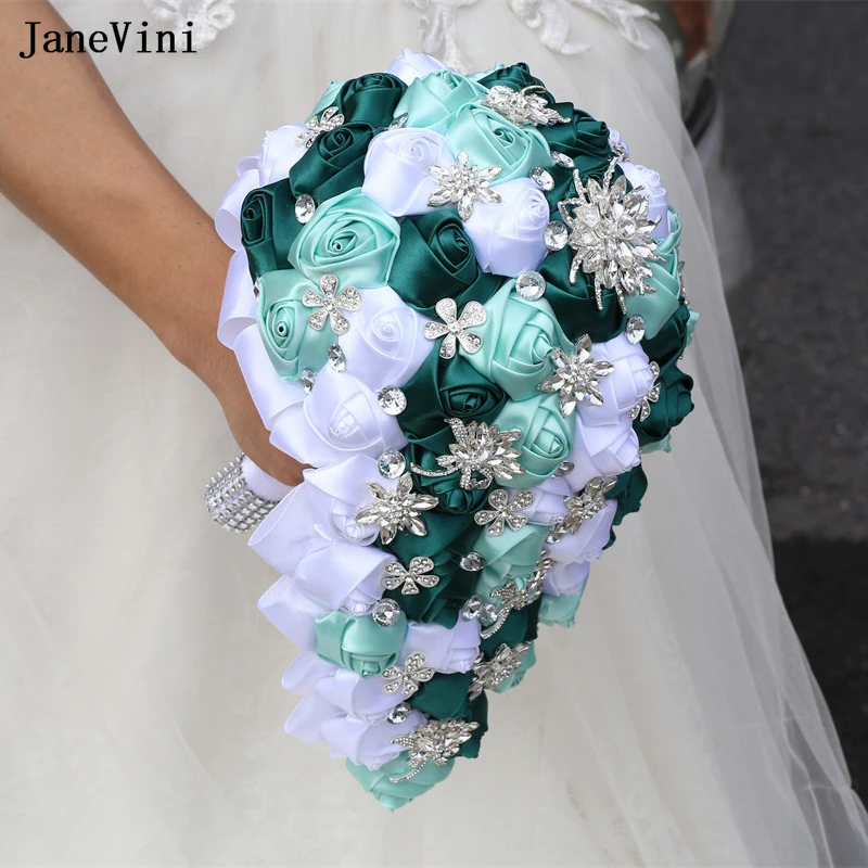 JaneVini New Dark Green White Cascading Flowers Bridal Bouquets Bling Silver Rhinestones Ribbon Roses Waterfall Wedding Bouquet