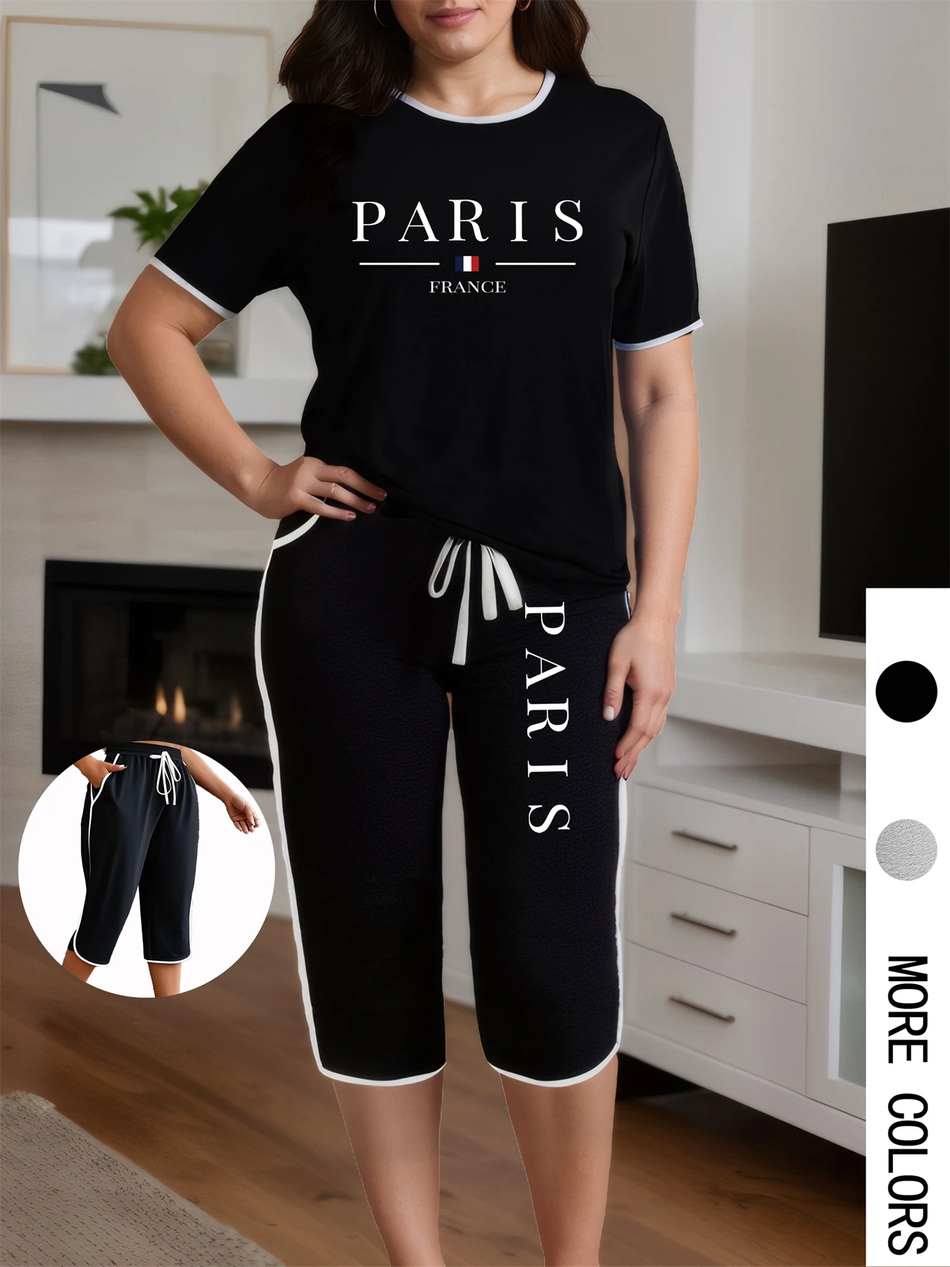 

Plus Size Women 2 Piece Set PARIS Print Short Sleeve T-shirt Capri Pants Summer Oversize Elegant Two Piece Outfits for Women