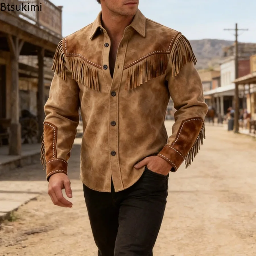 Spring New Men Casual Suede Cardigan Tops Vintage Tassel Design Buttoned Lapel Shirts Men Stylish Temperament Long Sleeve Shirt