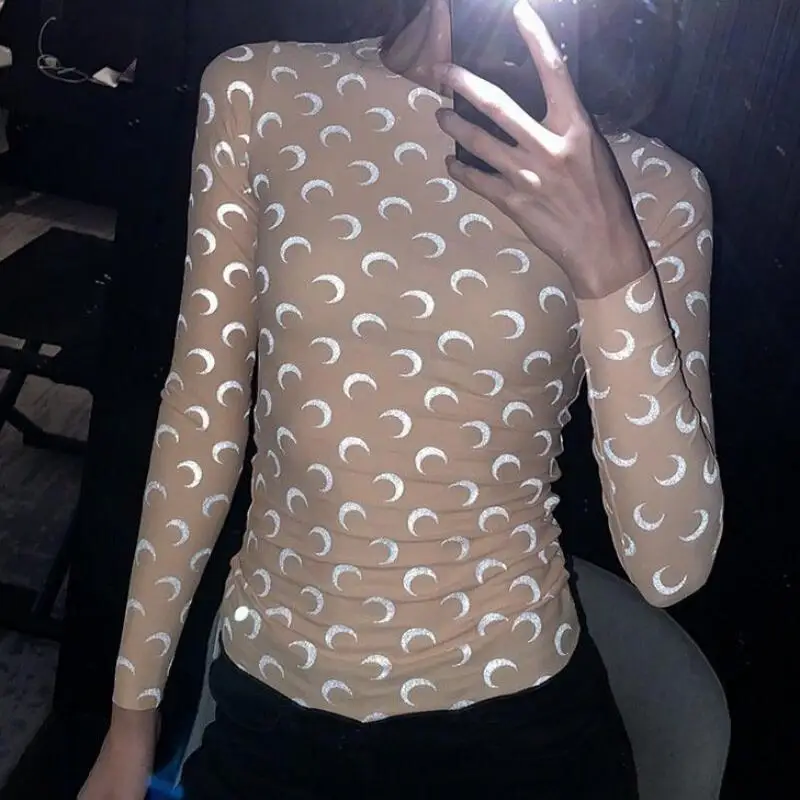 

Moon Print T-Shirt Women American Casual Round Neck Ice Silk Reflective Fluorescent Elastic Tight Fitting Long Sleeve