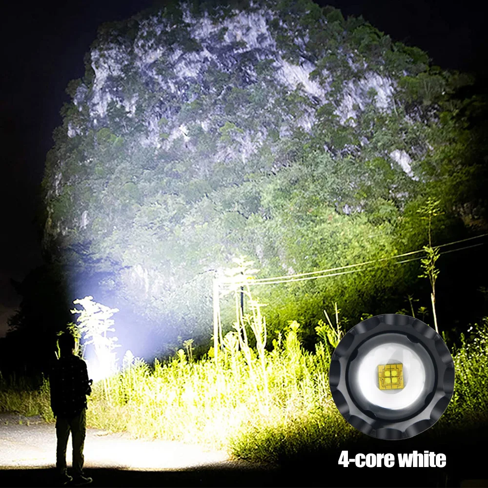 4500mAH 4 Core White Ultra Bright Powerful LED Flashlight USB Rechargeable Zoom Torch Tactical Flash Lamp Long Shot Waterproof