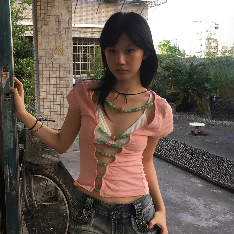 Karrram Japanese Y2k Hollow Out Tops Vintage Harajuku Beaded T Shirt 2000s Aesthetics Short Sleeve Knit T-shirts American Retro view 6