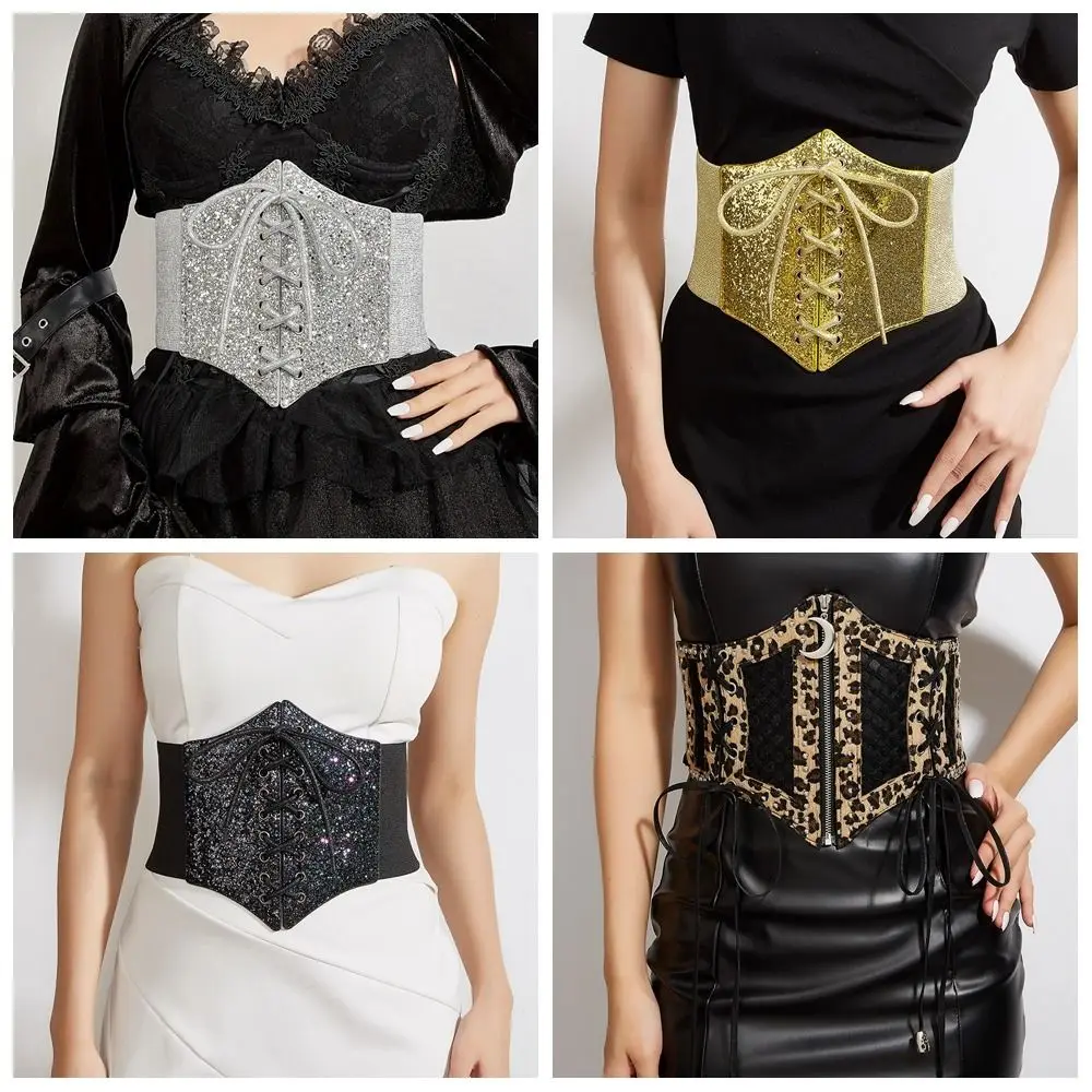 Elastic Gold Cummerbunds Shinny Glitter Leopard Print Waistband PU Leather Dress Girdle Blingbling Corset Belt Female