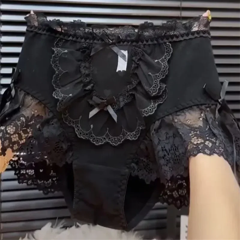 Oversized 95kg French Princess Lolita Triangle Panties Lace Bow Hollow Fairy Briefs High Waist Sweet Sexy Girls Underwear New