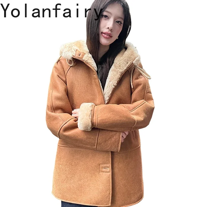 

YOLANFAIRY Новая женская зимняя куртка из натурального меха, средней длины, из натурального меха ягненка, теплая, с капюшоном, из натуральной кожи