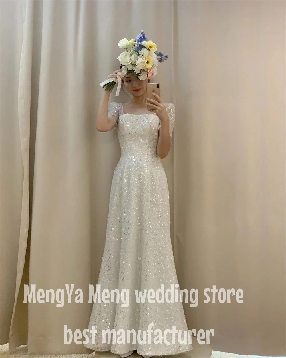 ZHUISHU Square Neck Sparkly Wedding Dresses Short Sleeve Korea Photos Shoot Bride Dress A Line Corset Backless Shiny Bridal Gown