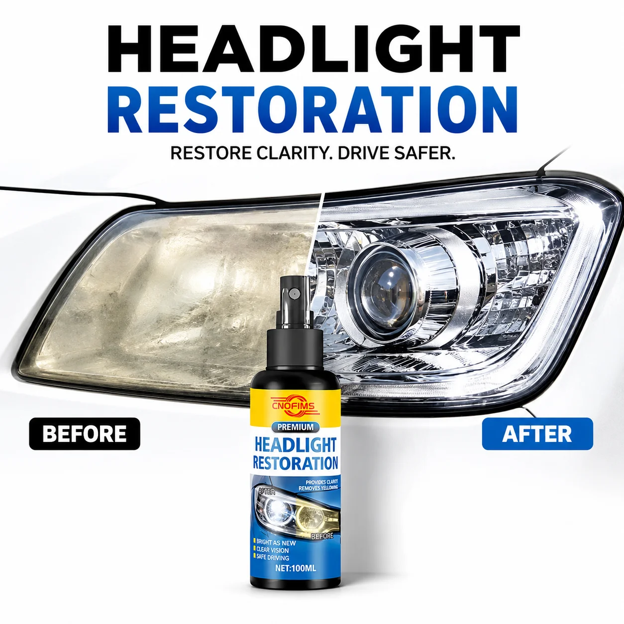 Car Headlight Restoration Spray Oxidation Remover Scratch Repair and Lens Cleaner for Front and Rear Lights