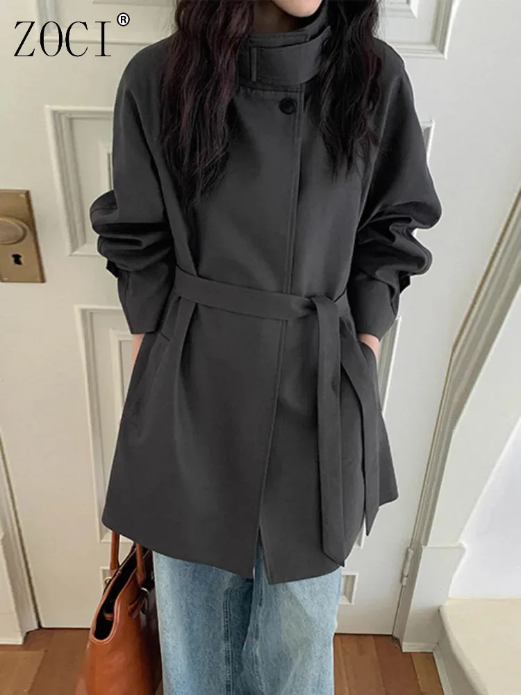 ZOCI Office Lady Stand Neck Mid-length Trench Women's Belt Gathered Waist Elegant Windbreaker 2025 Spring New FC1274