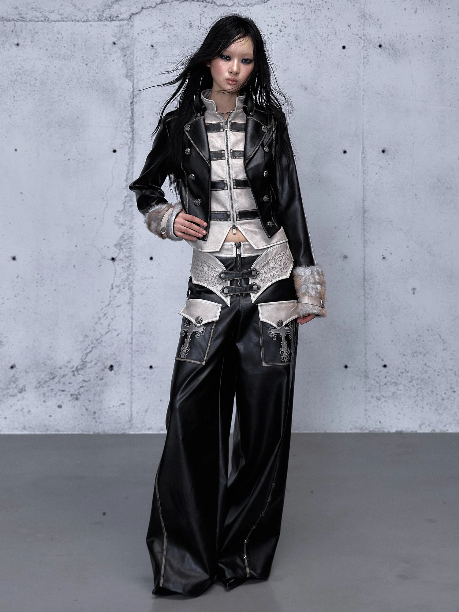 Street Sle Punk Knight Color Blo ort Leather Jaet Worn out Faux Two-Piece Biker Coat Youth Fem Zipper Sve Long