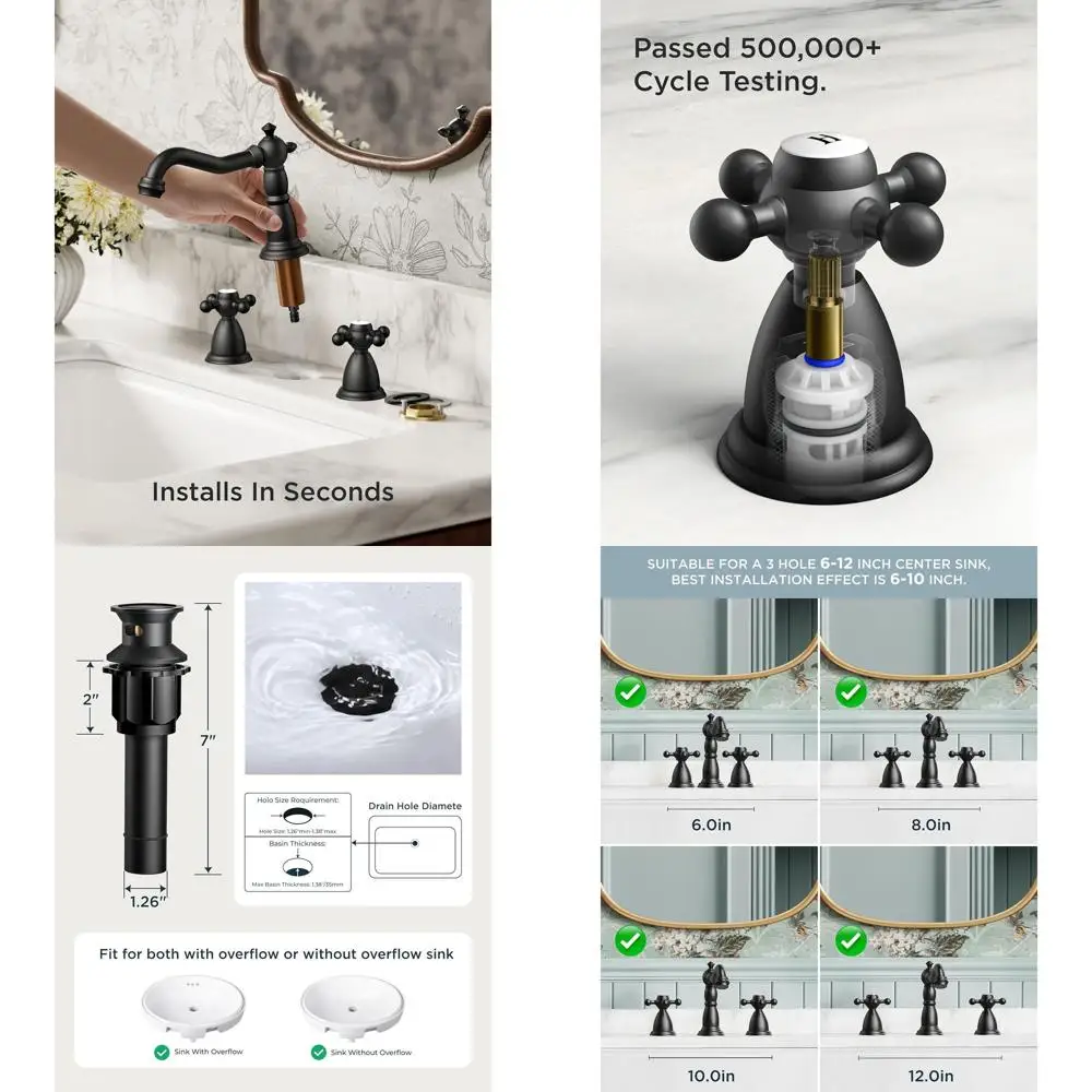 

Vintage 3-Hole Matte Black Brass Bathroom Faucet, 8 Widespread with Metal Drain and Supply Lines for RV Vanity