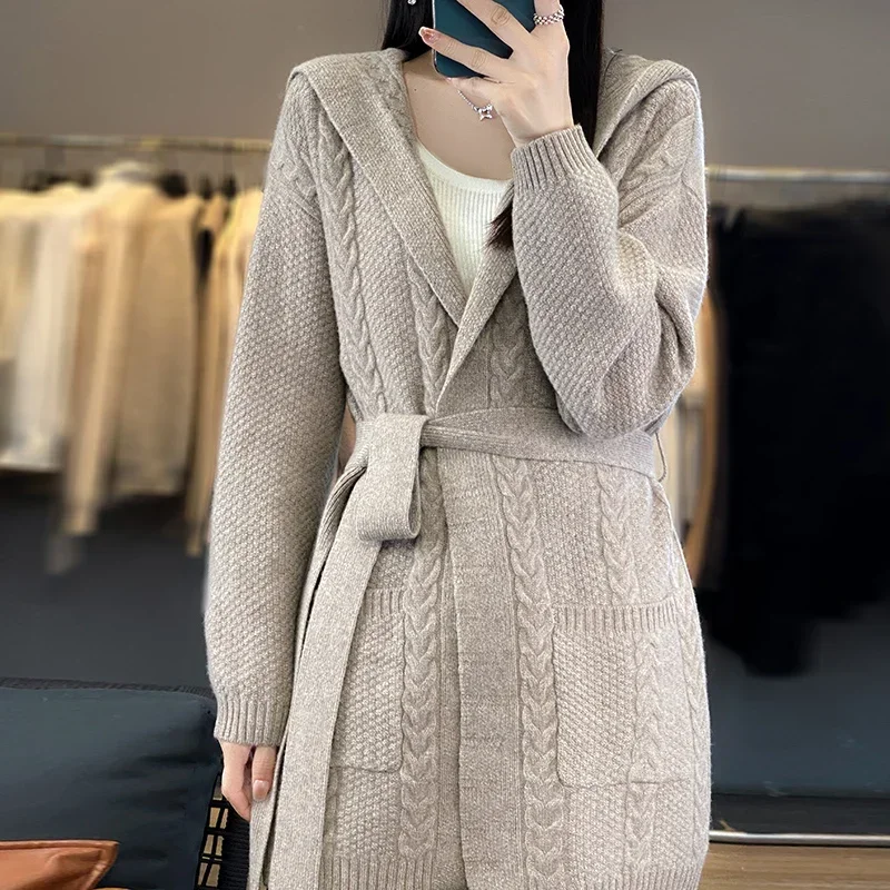

Tailor Sheep 100% Wool Knitted Cardigan Women's Hooded Sweater Comfortable and Warm Full Sleeve Long Coat Women's New Coat
