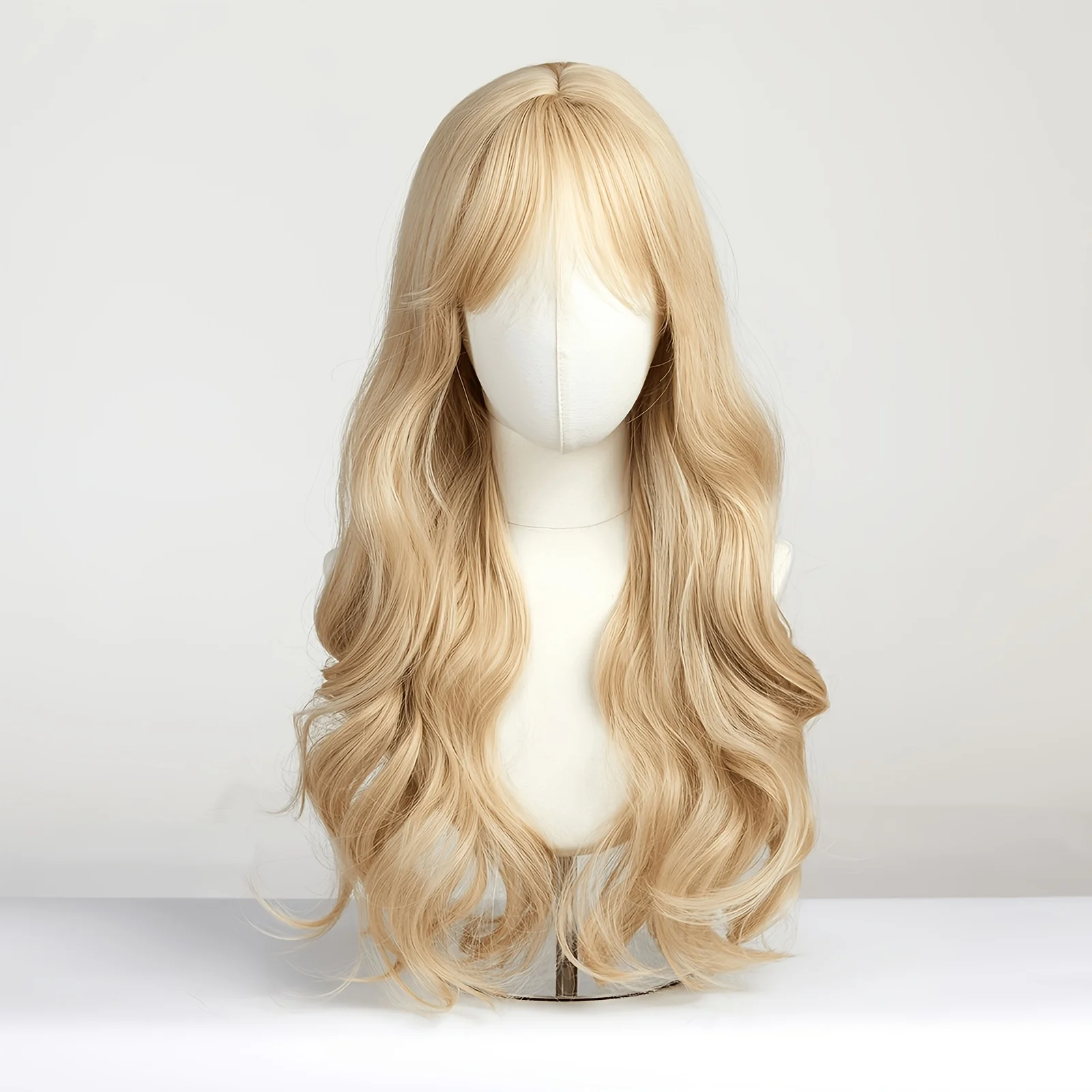 Elegant 26-inch women's light gold wavy long curly wig, glue-free air bangs front, high temperature chemical fiber synthesis