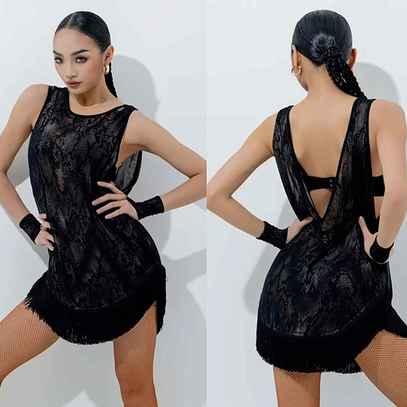 

2025 Latin Dance Competition Dress For Woemn Sexy Backless Hoodie Serpentine Tassel Dress Adult Chacha Latin Dance Wear DQS18889