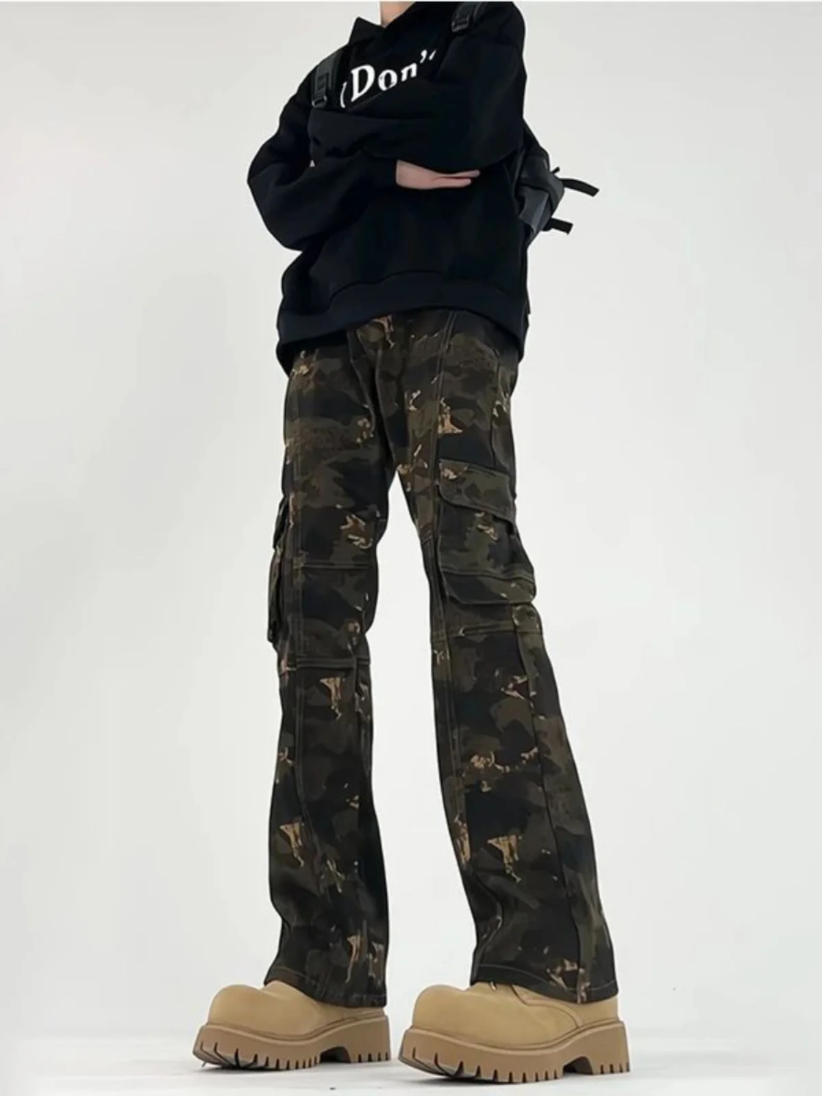 

Vintage Camouflage Workwear Jeans Men's Autumn Winter American Sle Cleanfit Straight Leg Micro Flare Denim Pants