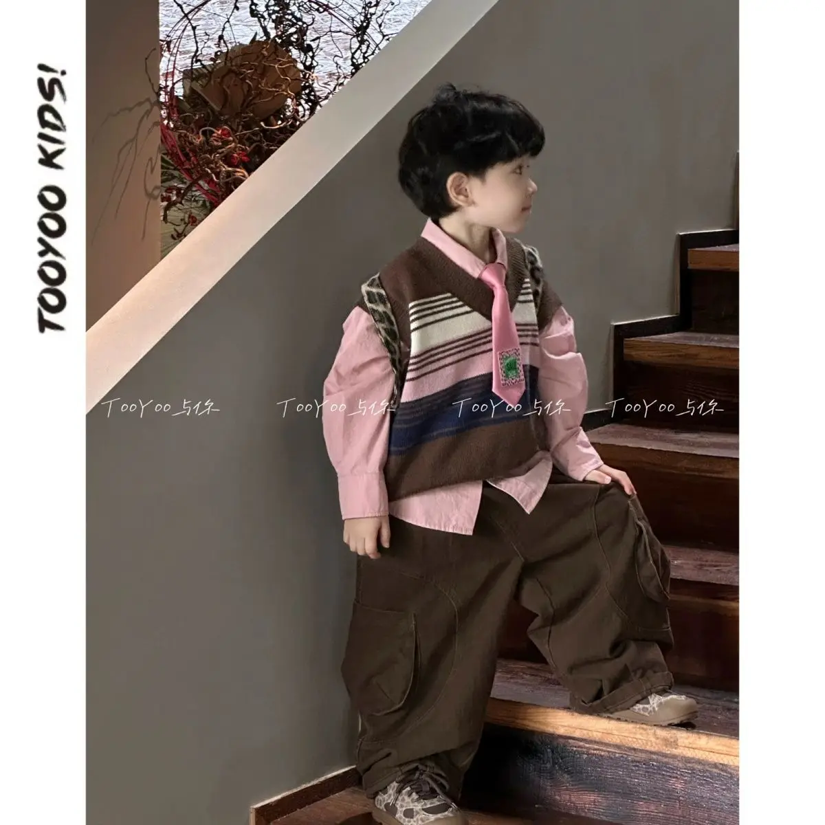 Autumn Winter Childent Thick Warm Boys Handsome Knit Pullover Knit Vest Sweater Tie+Shirt +Loose Pant 3Pcs Cotton Casual Suits