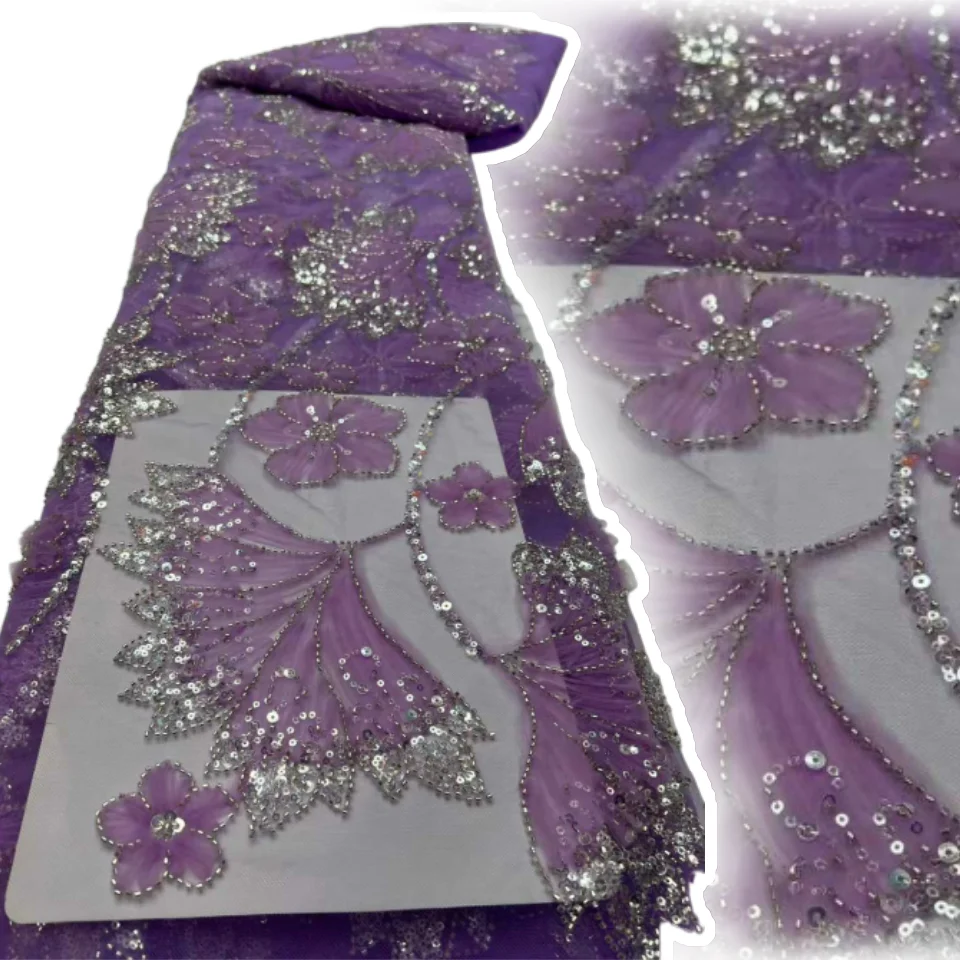 

3D Luxury African Sequins Jacquard Groom Lace Fabric High Quality French Nigerian Beaded Lace Fabric for Wedding Dress 5Y CC1274