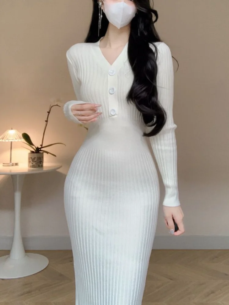 

Autumn Knitted Elegant Dress Women Slim Vintage Party One Piece Dress Female Slim Korean Fashion Designer Sweater Dress 2023 New