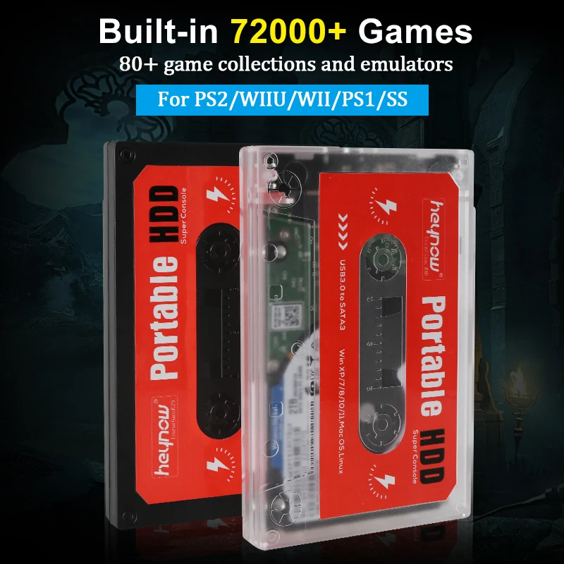 TSINGO-휴대용 외장 게임 하드 드라이브 디스크, 2TB, WII, PS1, N64, PS2 용, 노트북/PC/GK3V/GK 미니, 72000 게임 내장