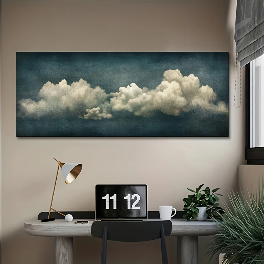 Vintage Minimalist Cloudy Sky Canvas Poster Cloudy Weather Green Background Landscape Wall Art Print For Living Room Home Decor