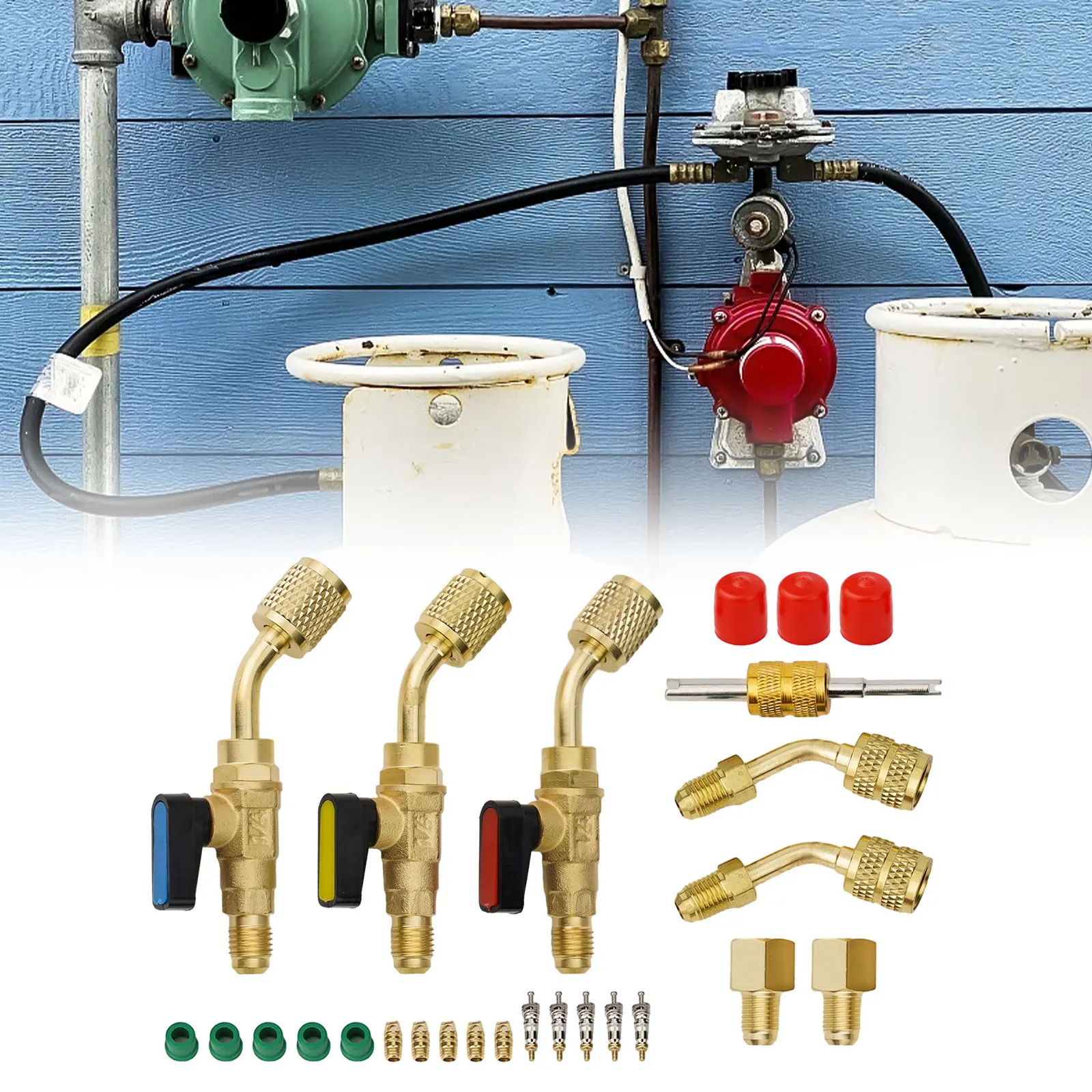 Kit de válvula de esfera compacta de ângulo R410A R134A R22 AC HVAC, construção de cobre de terra forte, design de ângulo de 45 graus