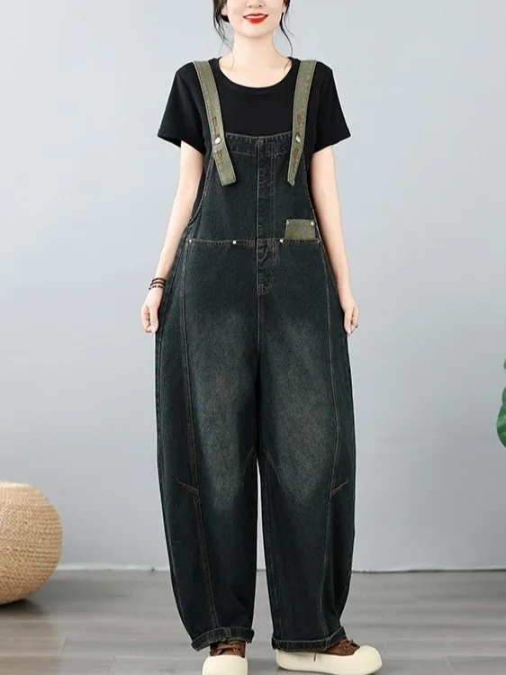 Early Autumn Color Block Denim Overalls Large Size Women's Casual Washed Knife  Jeans White Washed Casual Pants