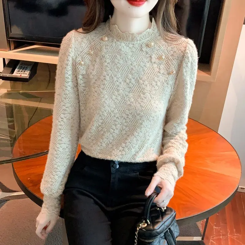 Ladies Elegant Lace Floral Half Height Collar Apricot Color Bottoming Shirt Puff Sleeve Six Gold Buttons Pullover Autumn Winter