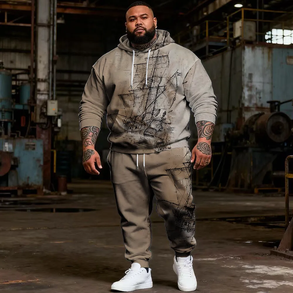 

S-9xl plus size Men's Hoodie Set with Nautical Elements - 2-Piece Casual Outfit, Soft Warm Fabric, Features Anchor